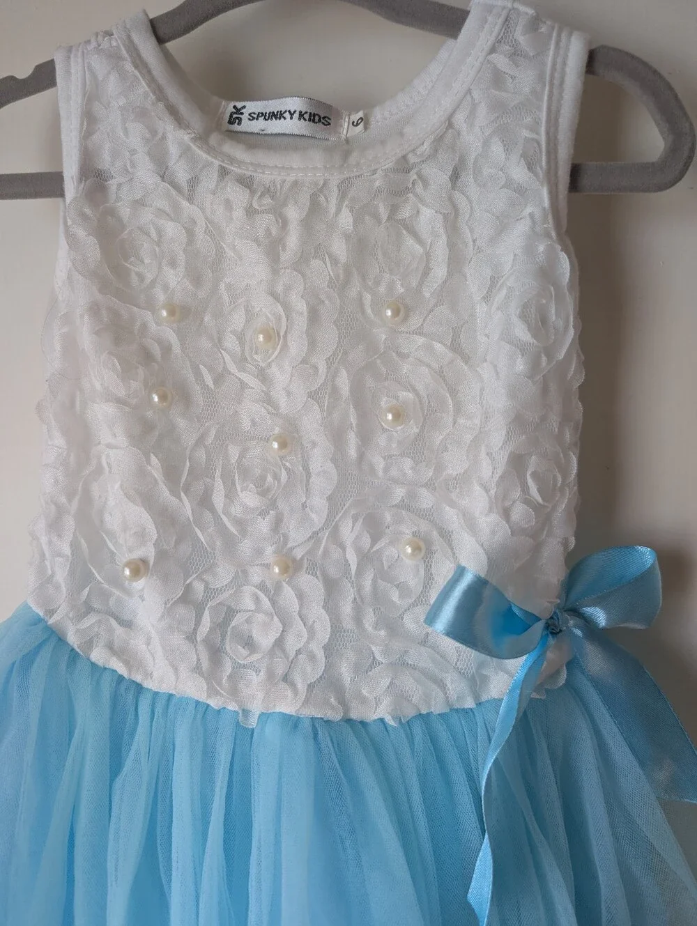 White Lace & Light Blue Tulle Party Dress